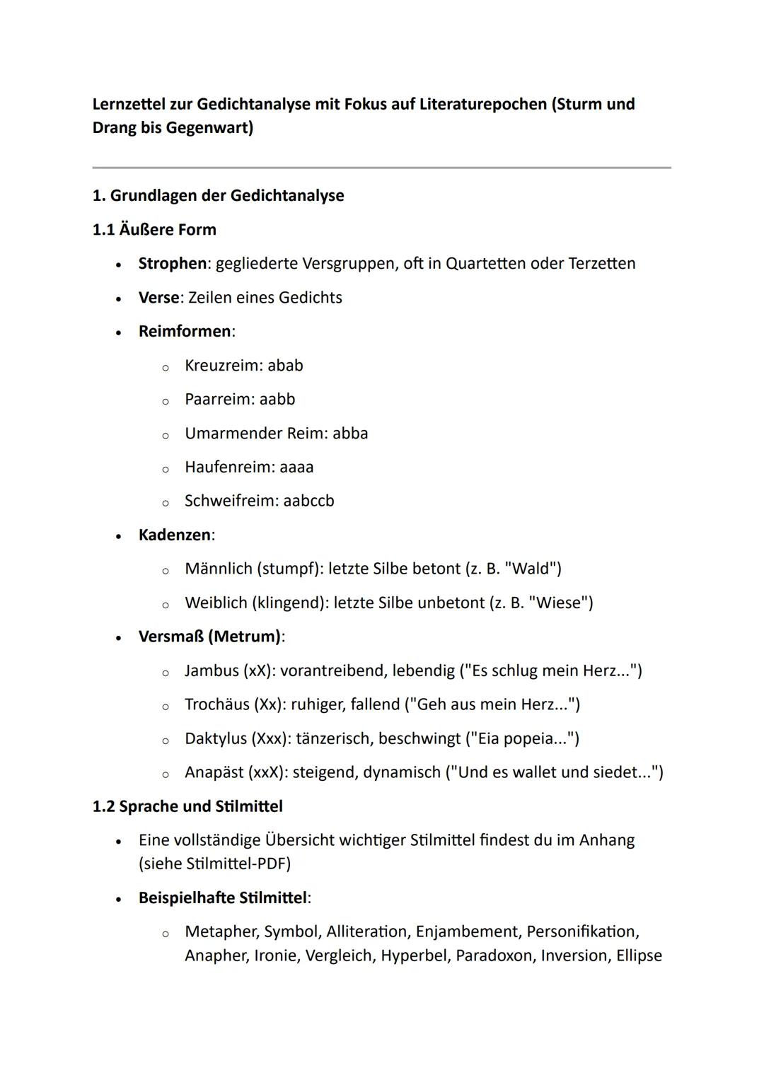 Lernzettel Gedichtanalyse / Vergleich 12te Klasse 