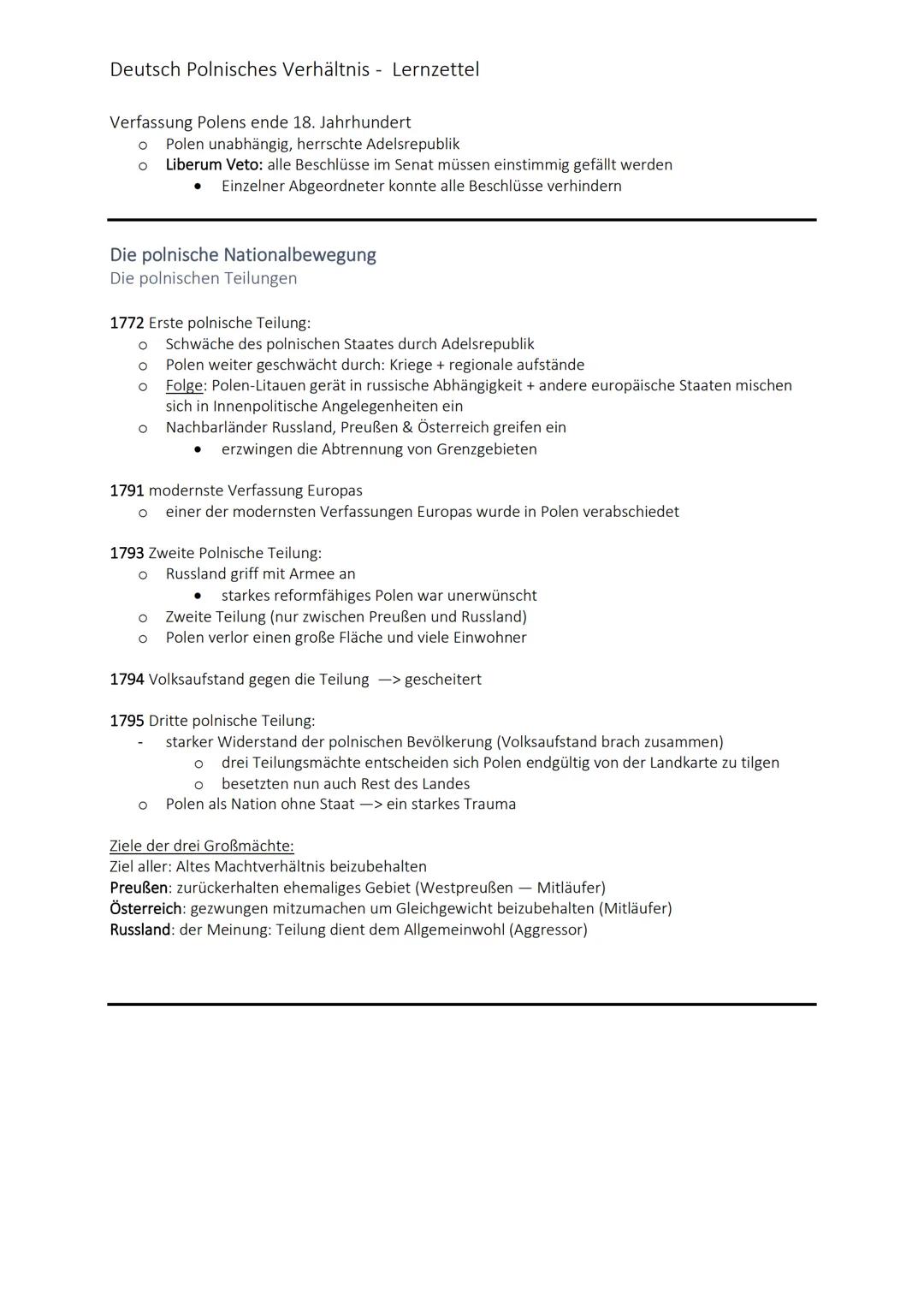# Deutsch Polnisches Verhältnis Lernzettel

Verfassung Polens ende 18. Jahrhundert

*   Polen unabhängig, herrschte Adelsrepublik
*   Liberu