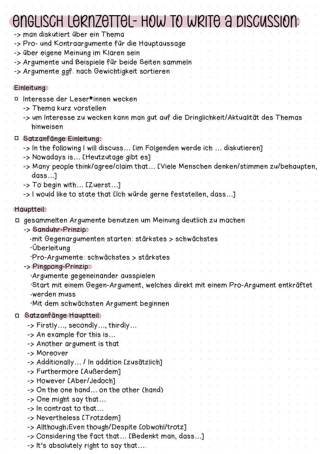 enGLISCH LERNZETTEL- HOW TO WRITE a DISCUSSION:
-> man diskutiert über ein Thema
-> Pro- und Kontraargumente für die Hauptaussage
-> über ei