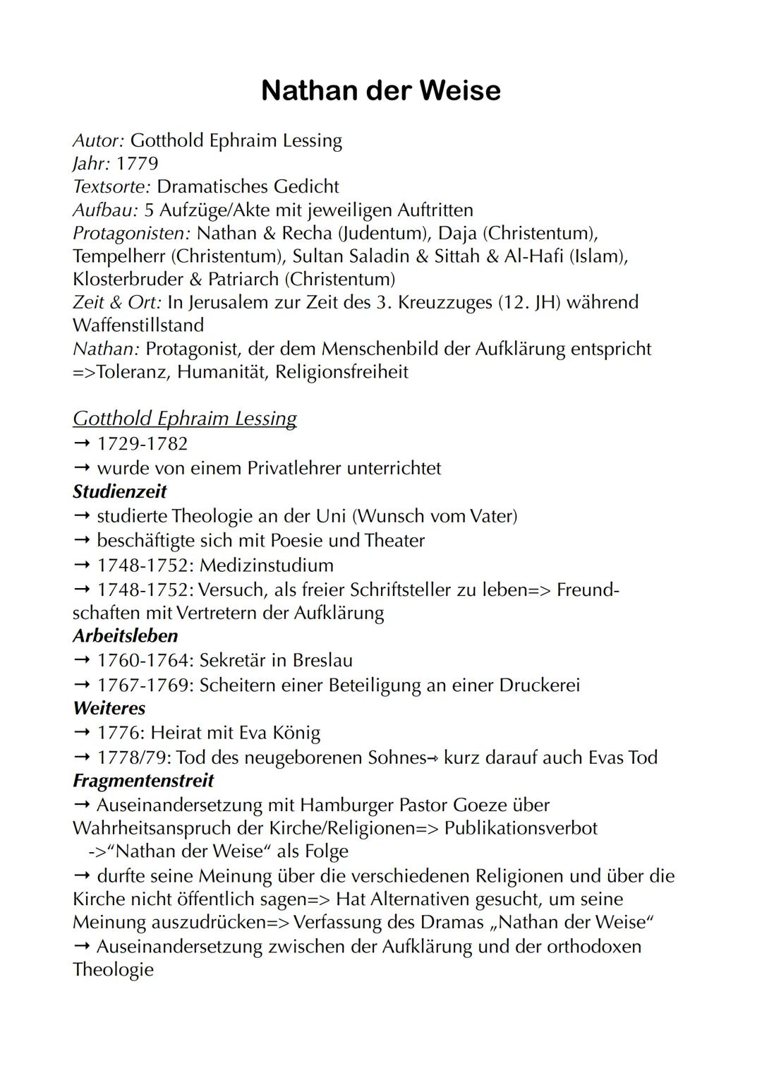Nathan der Weise
Autor: Gotthold Ephraim Lessing
Jahr: 1779
Textsorte: Dramatisches Gedicht
Aufbau: 5 Aufzüge/Akte mit jeweiligen Auftritten