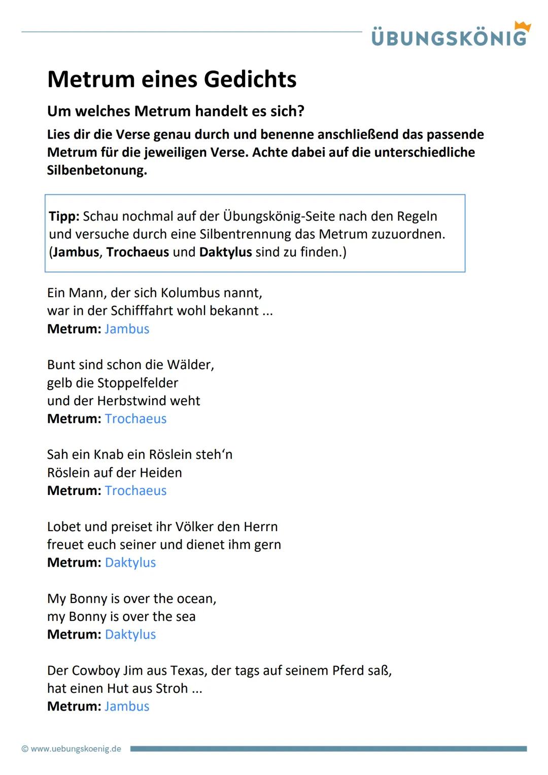 Metrum eines Gedichts
Um welches Metrum handelt es sich?
1) Kennzeichnet zunächst die betonten (-) und unbetonten (u) Silben.
2) Schreibt in