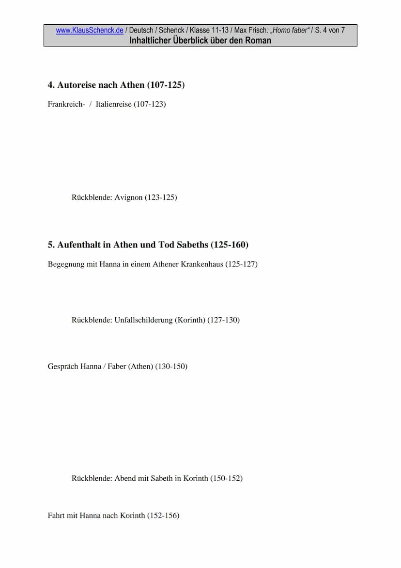 ●
www.KlausSchenck.de / Deutsch / Schenck / Klasse 11-13/ Max Frisch: „Homo faber" / S. 1 von 7
Inhaltlicher Überblick über den Roman
Inhalt