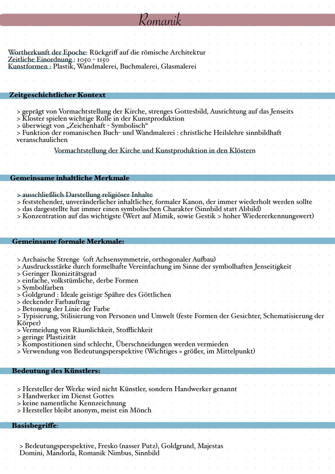 Wortherkunft der Epoche: Rückgriff auf die römische Architektur
Zeitliche Einordnung: 1050-1150
Kunstformen: Plastik, Wandmalerei, Buchmaler