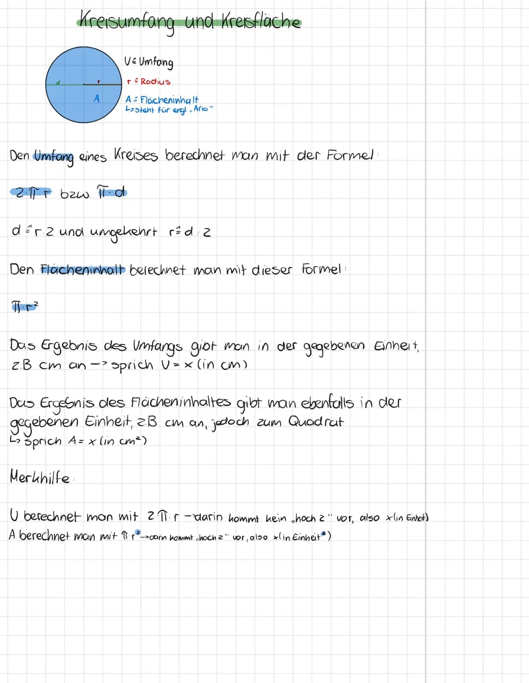 Kreisumfang und Kreisfläche
V = Umfang
r = Rodius
A
7.²
A Flächeninhalt
steht für engl... Aria "
Den Umfang eines Kreises berechnet man mit 