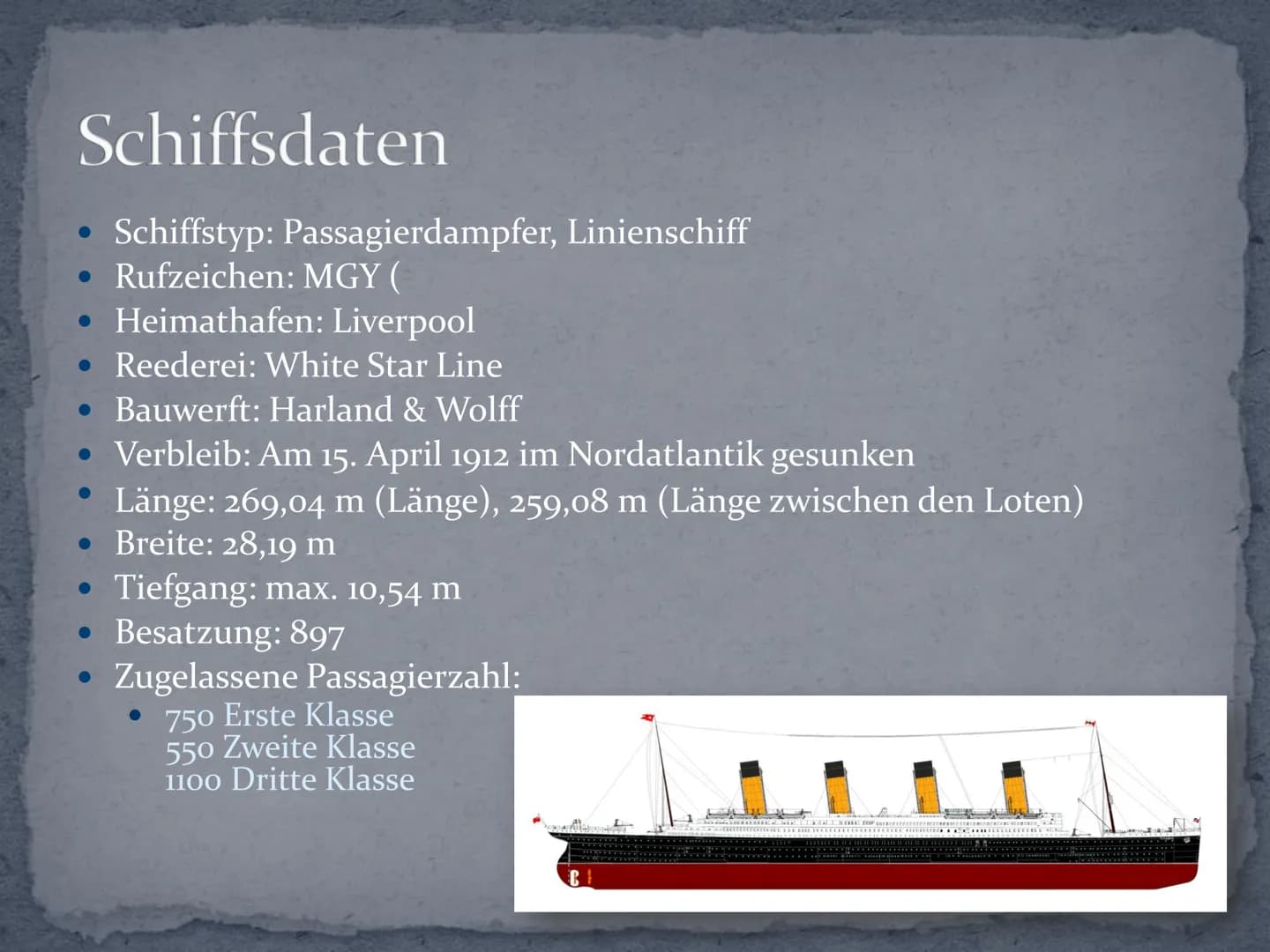 Titanic
www.mm Gliederung
•
Schiffsdaten
• Die Planung
• Der Bau
• Die Jungfernfahrt
• Die Evakuierung
• Der Untergang
• Das Wrack
Quellen
●