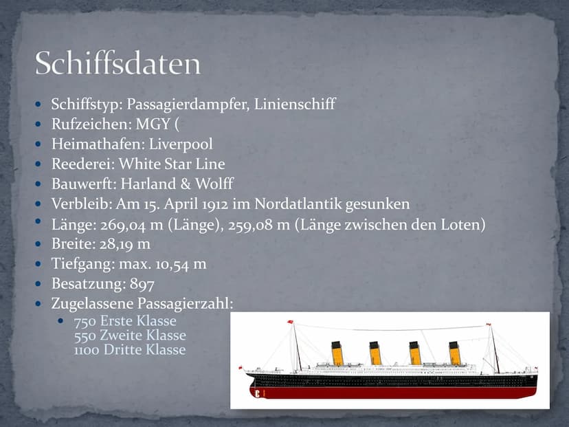 Titanic
www.mm Gliederung
•
Schiffsdaten
• Die Planung
• Der Bau
• Die Jungfernfahrt
• Die Evakuierung
• Der Untergang
• Das Wrack
Quellen
●