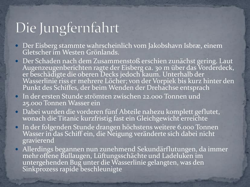 Titanic
www.mm Gliederung
•
Schiffsdaten
• Die Planung
• Der Bau
• Die Jungfernfahrt
• Die Evakuierung
• Der Untergang
• Das Wrack
Quellen
●