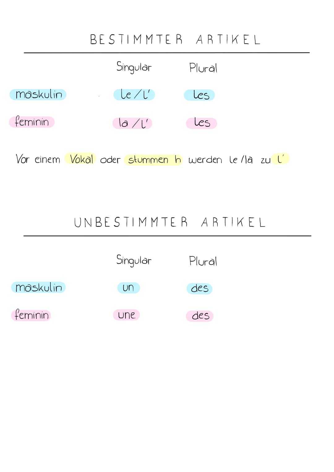 maskulin
feminin
maskulin
BESTIMMTER ARTIKEL
Singular
le / L'
feminin
10/1
Vor einem Vokal oder stummen h werden le/la zu l'
Singular
Plural