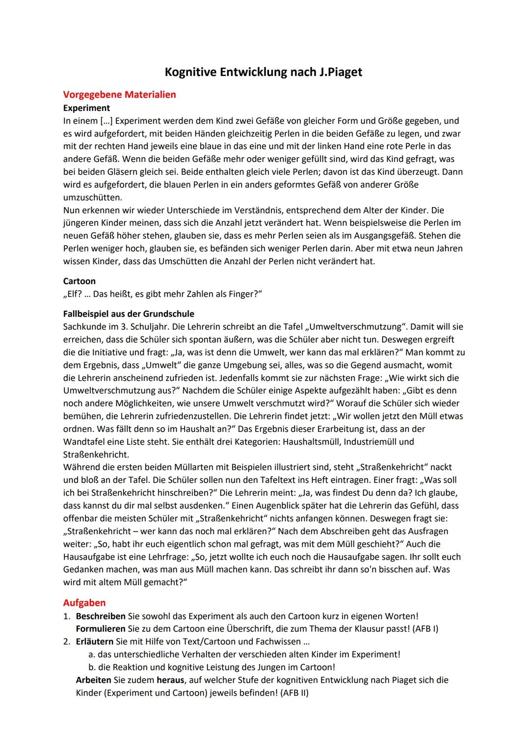 Pädagogik - Fallbeispiel, Cartoon, Experiment - kognitive Entwicklung nach Piaget