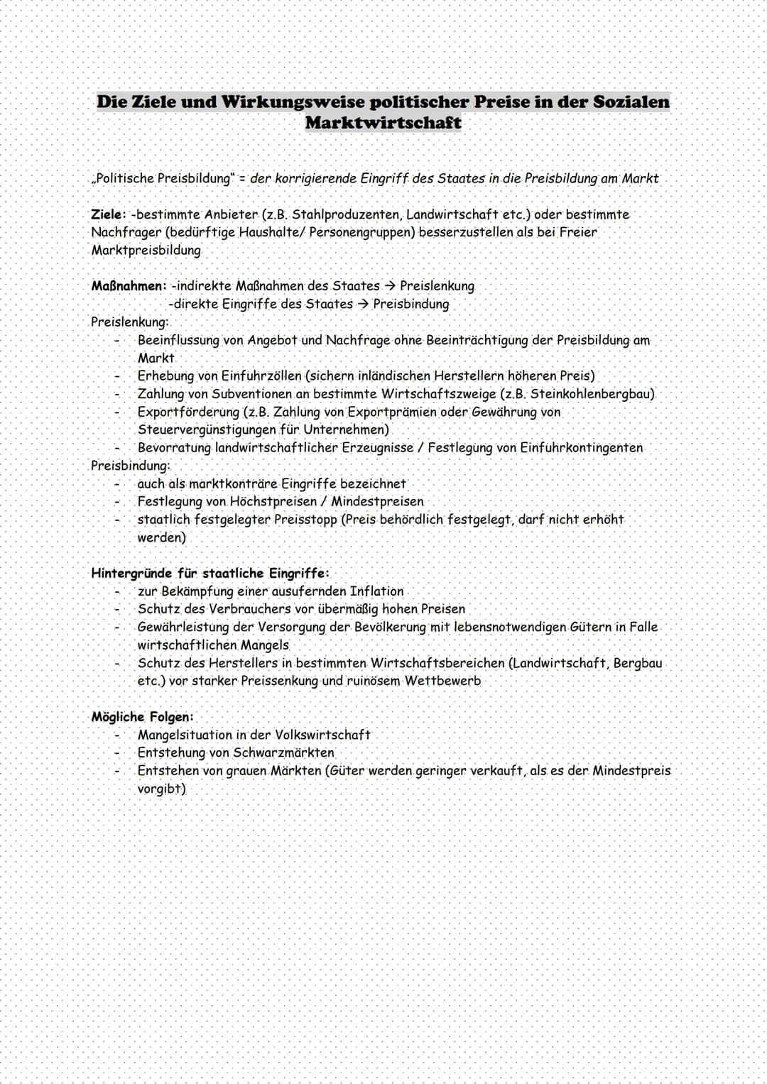 Die Ziele und Wirkungsweise politischer Preise in der Sozialen
Politische Preisbildung" der korrigierende Eingriff des Staates in die Preisb