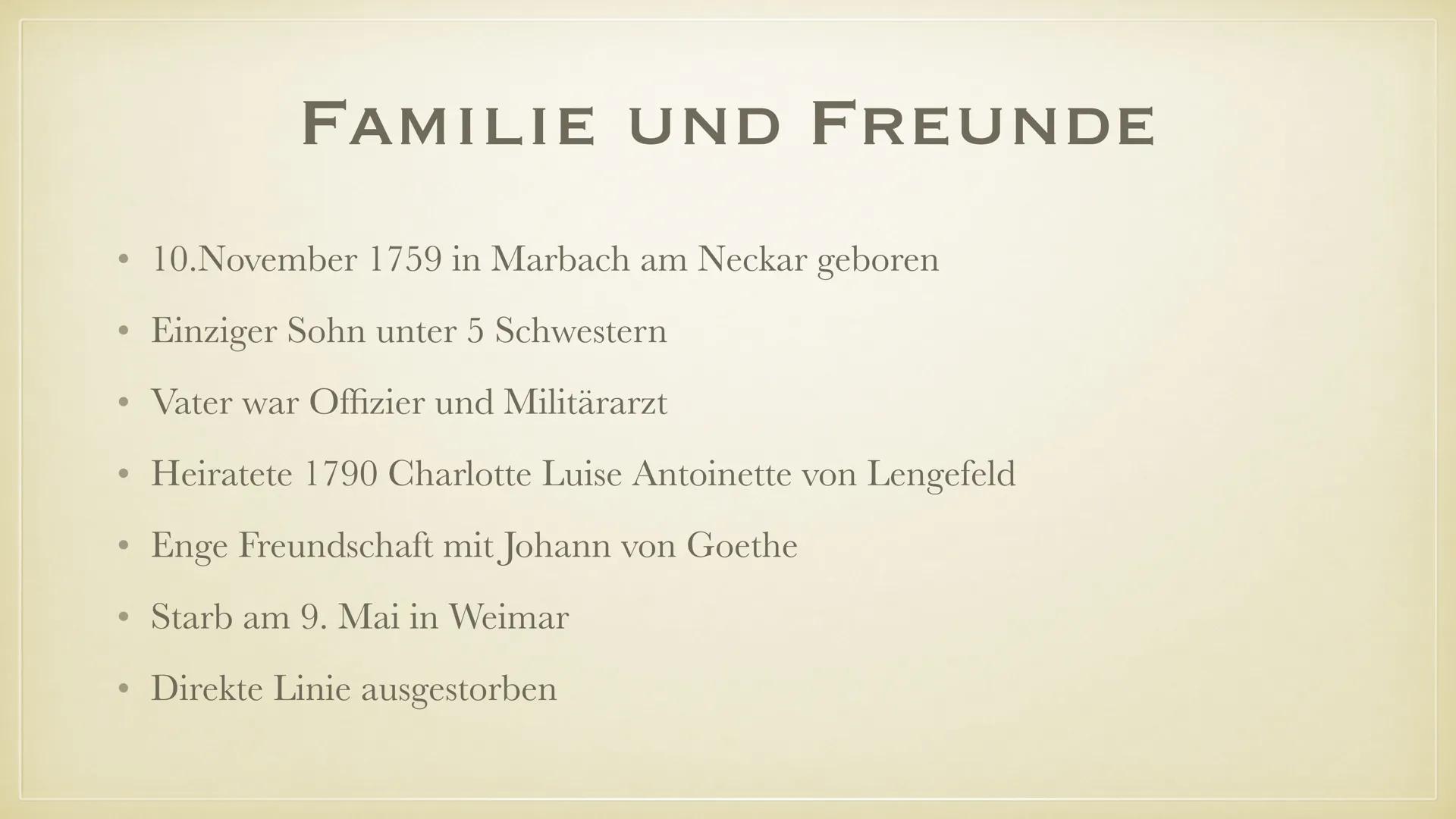 FRIEDRICH SCHILLER
LEBEN, WERKE, EINFLUSS ●
●
●
Leben
Werke
Einfluss
Quellen
INHALTSVERZEICHNIS LEBEN • 10.November 1759 in Marbach am Necka