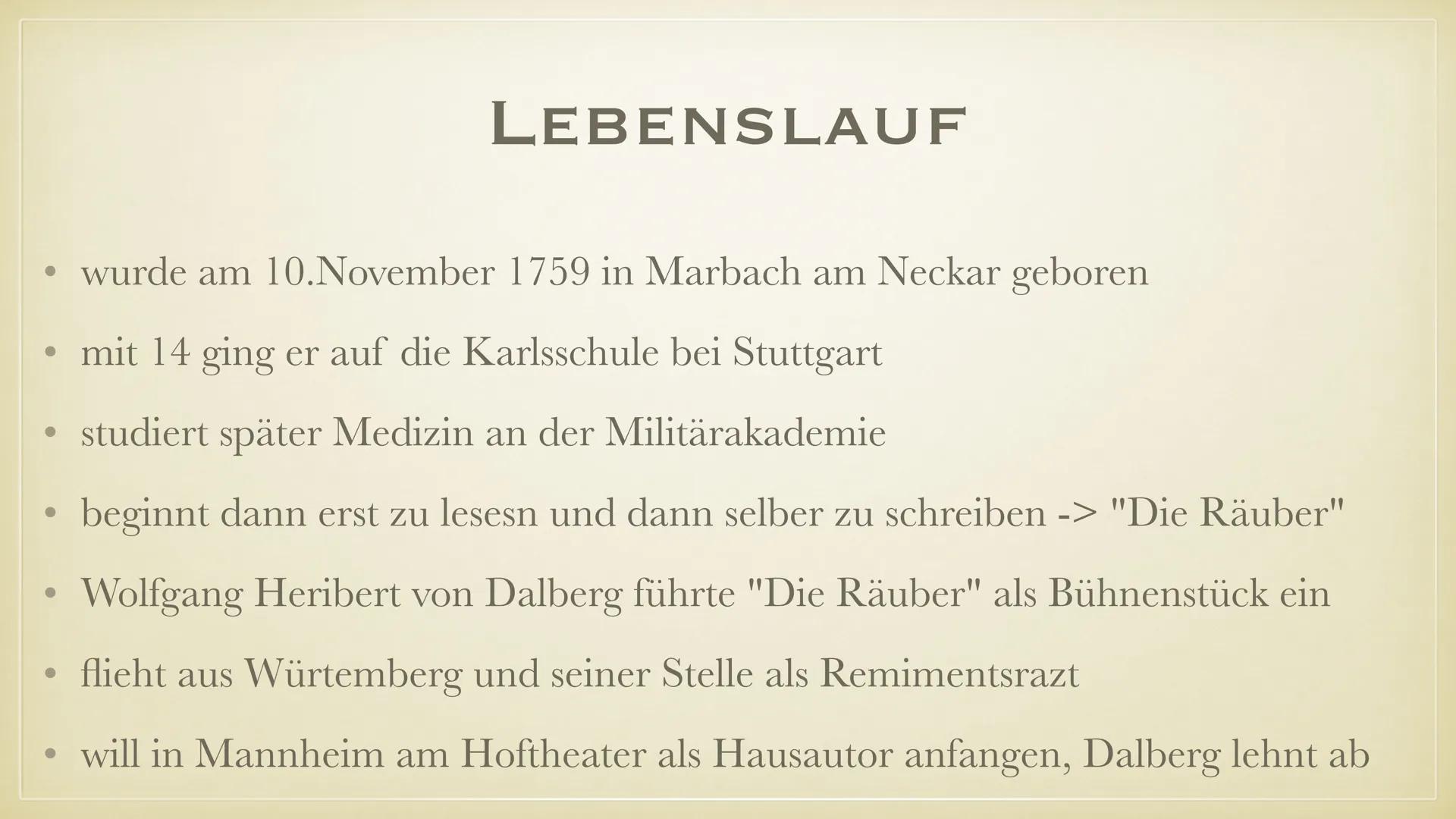 FRIEDRICH SCHILLER
LEBEN, WERKE, EINFLUSS ●
●
●
Leben
Werke
Einfluss
Quellen
INHALTSVERZEICHNIS LEBEN • 10.November 1759 in Marbach am Necka