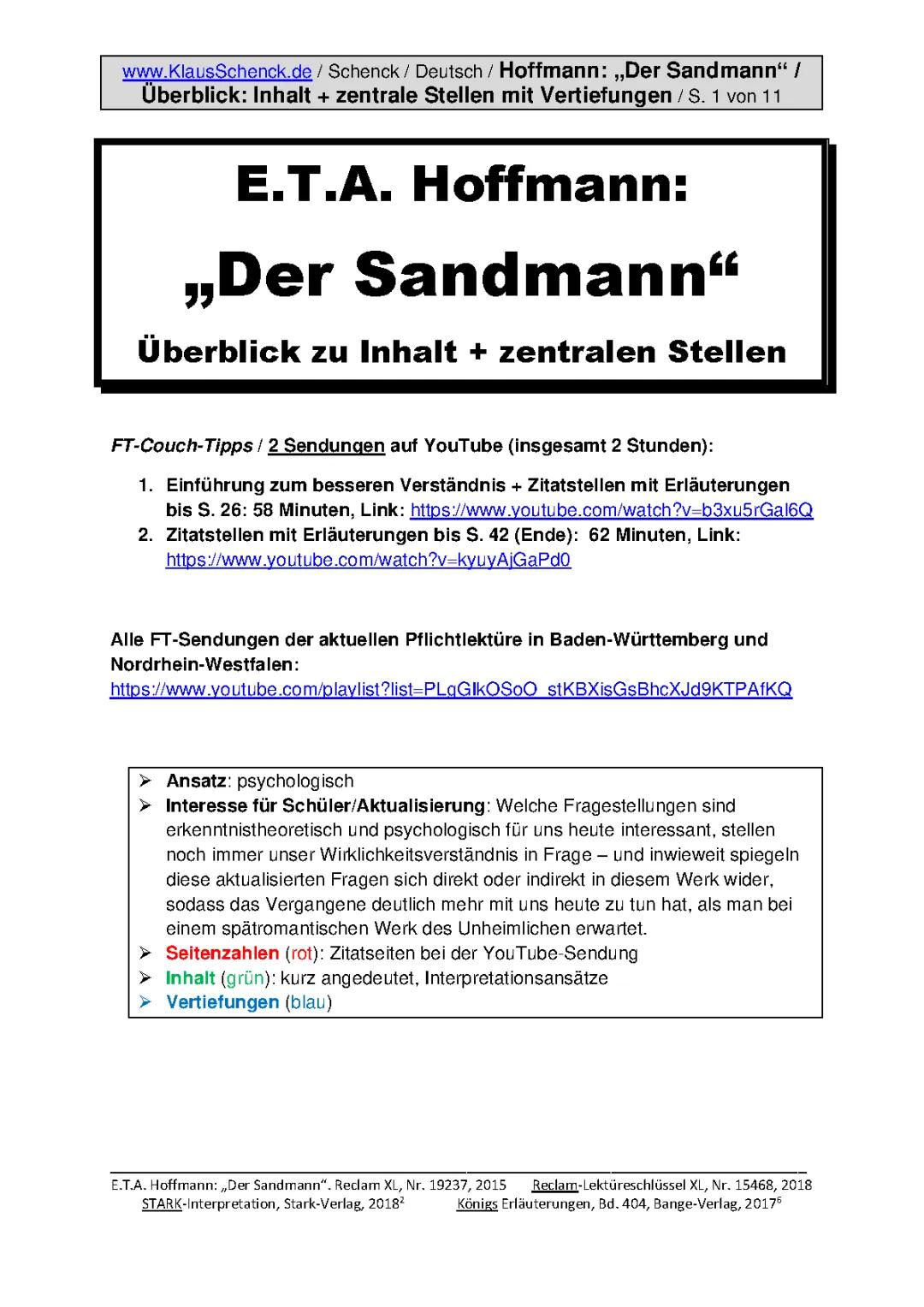 Der Sandmann: Deine Klausur Analyse, Zusammenfassung & wichtige Textstellen