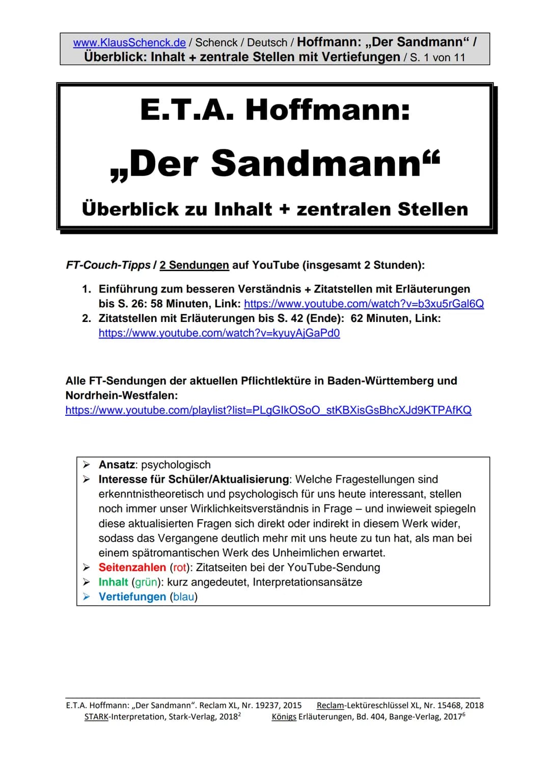 www.KlausSchenck.de/ Schenck / Deutsch / Hoffmann: „Der Sandmann" /
Überblick: Inhalt + zentrale Stellen mit Vertiefungen / S. 1 von 11
E.T.