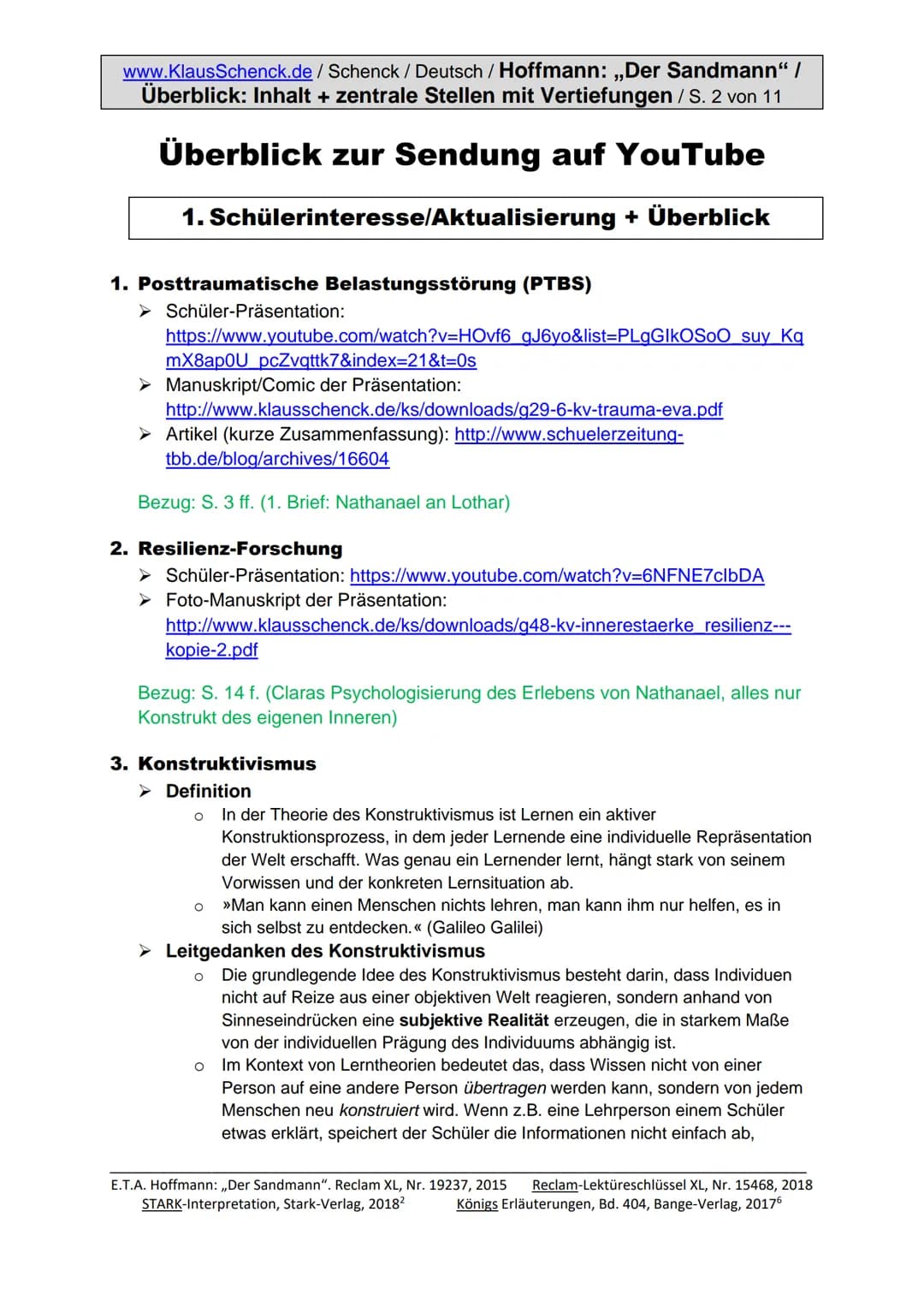 www.KlausSchenck.de/ Schenck / Deutsch / Hoffmann: „Der Sandmann" /
Überblick: Inhalt + zentrale Stellen mit Vertiefungen / S. 1 von 11
E.T.