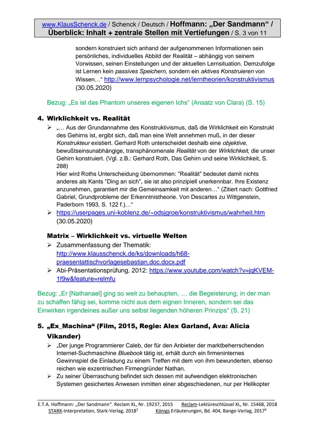 www.KlausSchenck.de/ Schenck / Deutsch / Hoffmann: „Der Sandmann" /
Überblick: Inhalt + zentrale Stellen mit Vertiefungen / S. 1 von 11
E.T.