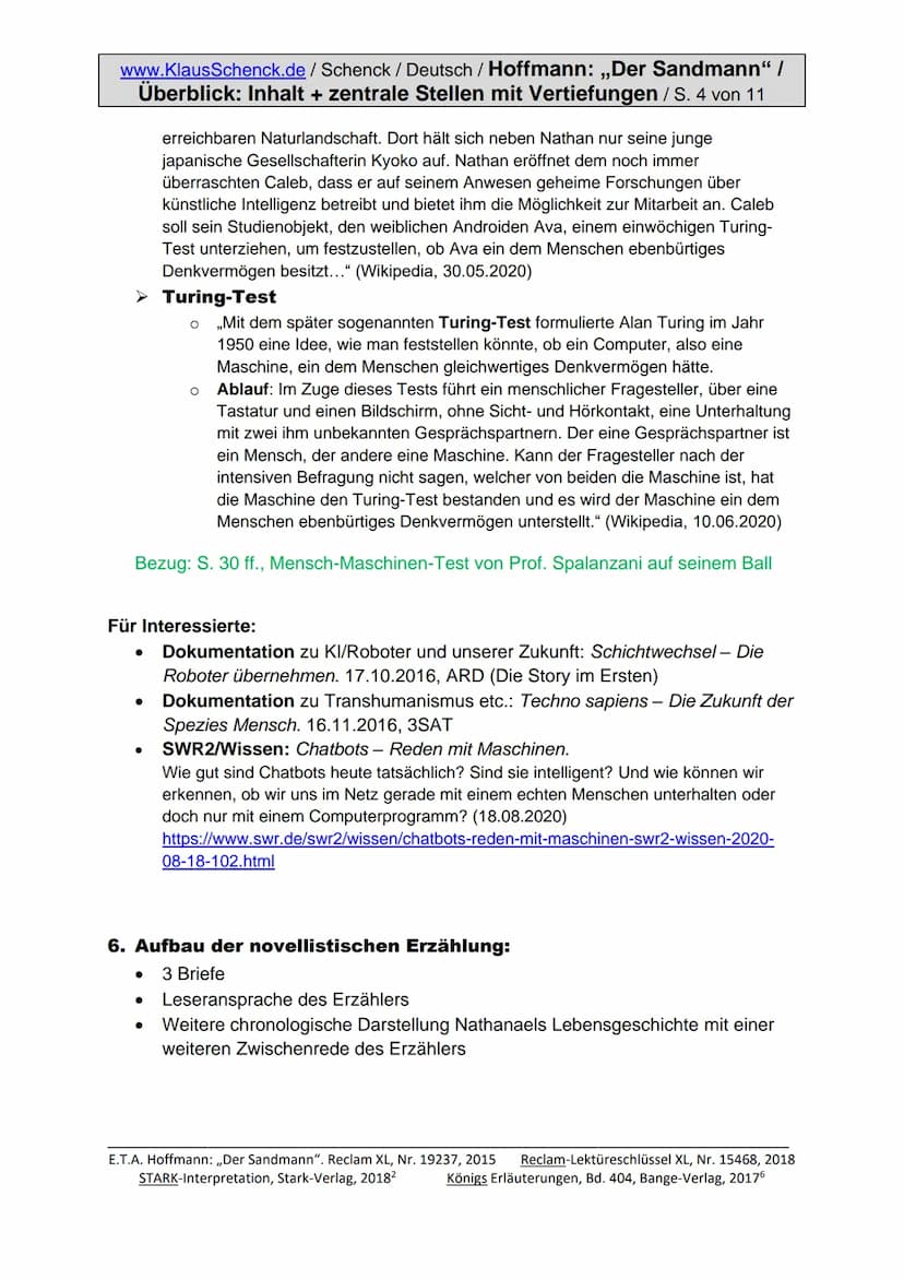 www.KlausSchenck.de/ Schenck / Deutsch / Hoffmann: „Der Sandmann" /
Überblick: Inhalt + zentrale Stellen mit Vertiefungen / S. 1 von 11
E.T.