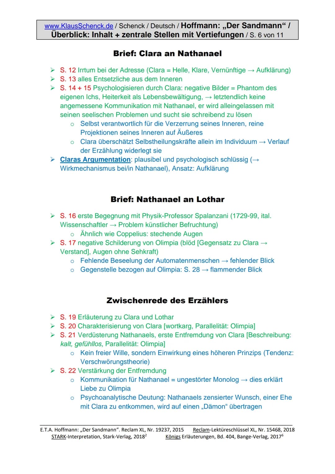 www.KlausSchenck.de/ Schenck / Deutsch / Hoffmann: „Der Sandmann" /
Überblick: Inhalt + zentrale Stellen mit Vertiefungen / S. 1 von 11
E.T.