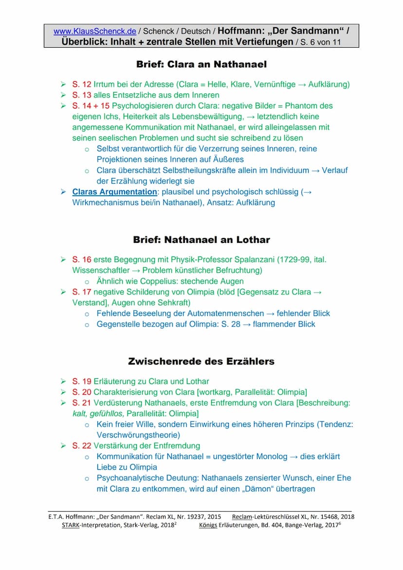 www.KlausSchenck.de/ Schenck / Deutsch / Hoffmann: „Der Sandmann" /
Überblick: Inhalt + zentrale Stellen mit Vertiefungen / S. 1 von 11
E.T.