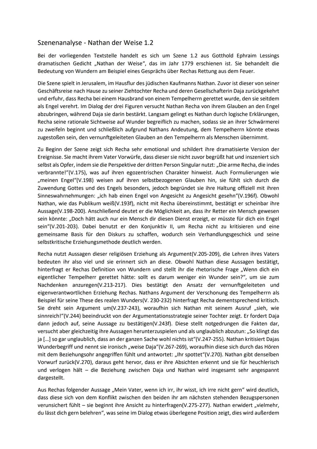 Szenenanalyse - Nathan der Weise 1.2
Bei der vorliegenden Textstelle handelt es sich um Szene 1.2 aus Gotthold Ephraim Lessings
dramatischen
