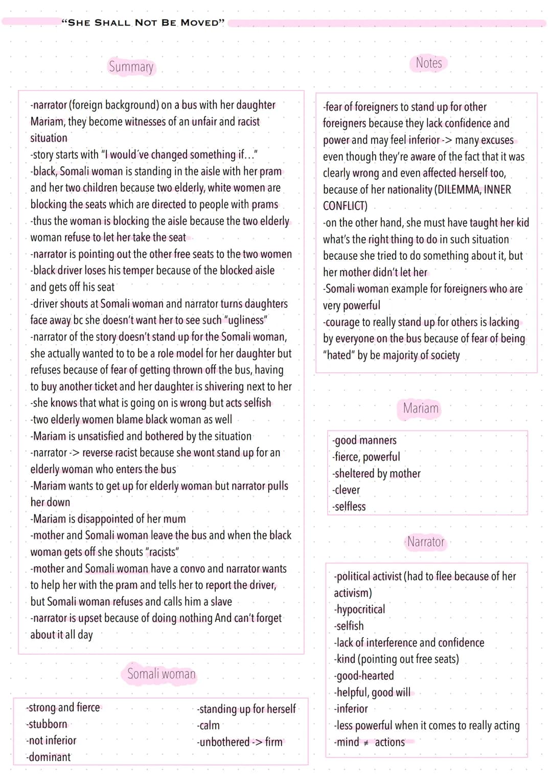 "SHE SHALL NOT BE MOVED"
Summary
-narrator (foreign background) on a bus with her daughter
Mariam, they become witnesses of an unfair and ra