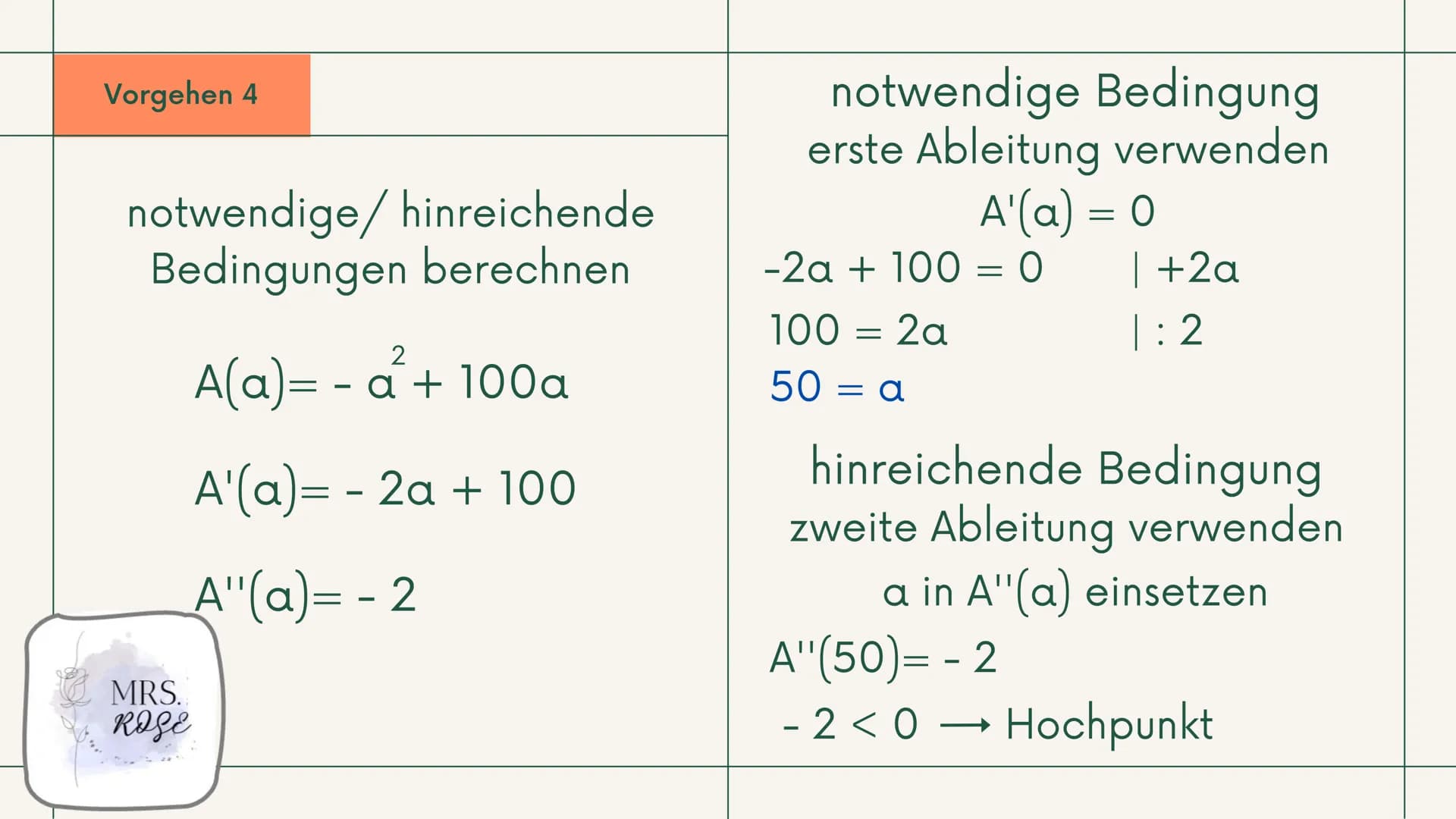 +
Q1 GK, Mathematik
Extremwertaufgaben
mit
Nebenbedingungen
Präsentation
Ī
MRS.
ROSE Gliederung
1. Was sind "Extremwertaufgaben"?
2. Vorgehe