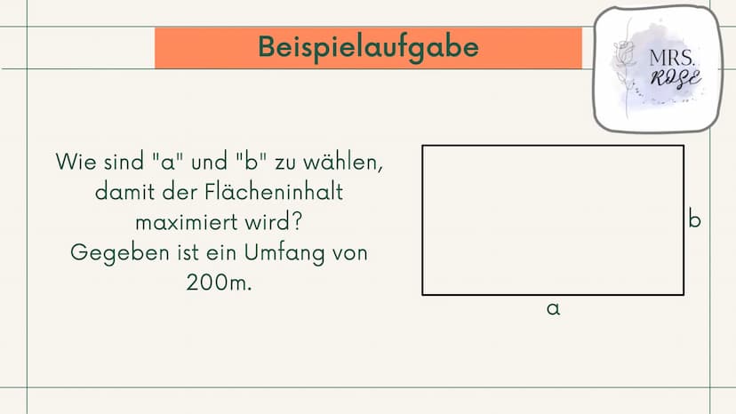 +
Q1 GK, Mathematik
Extremwertaufgaben
mit
Nebenbedingungen
Präsentation
Ī
MRS.
ROSE Gliederung
1. Was sind "Extremwertaufgaben"?
2. Vorgehe
