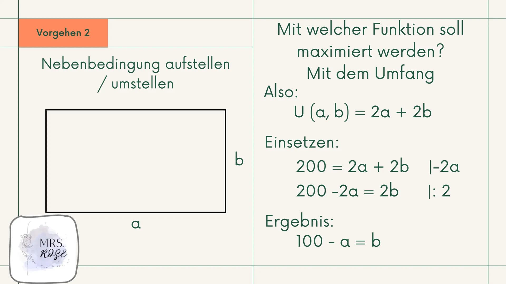 +
Q1 GK, Mathematik
Extremwertaufgaben
mit
Nebenbedingungen
Präsentation
Ī
MRS.
ROSE Gliederung
1. Was sind "Extremwertaufgaben"?
2. Vorgehe