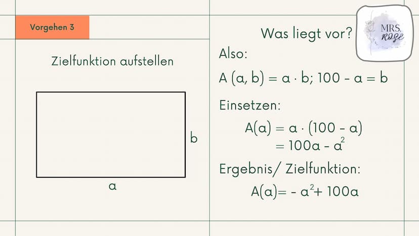 +
Q1 GK, Mathematik
Extremwertaufgaben
mit
Nebenbedingungen
Präsentation
Ī
MRS.
ROSE Gliederung
1. Was sind "Extremwertaufgaben"?
2. Vorgehe