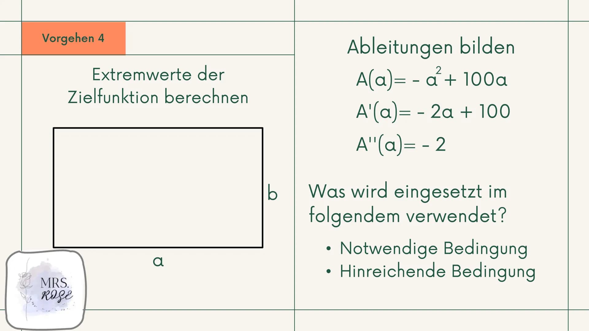 +
Q1 GK, Mathematik
Extremwertaufgaben
mit
Nebenbedingungen
Präsentation
Ī
MRS.
ROSE Gliederung
1. Was sind "Extremwertaufgaben"?
2. Vorgehe