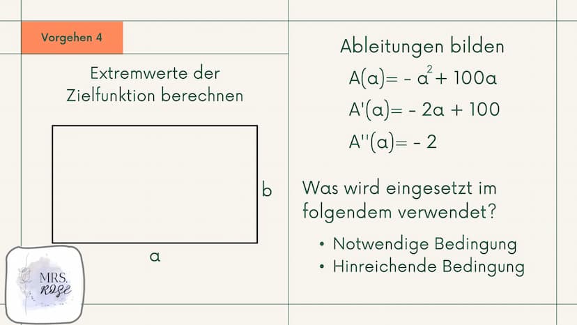 +
Q1 GK, Mathematik
Extremwertaufgaben
mit
Nebenbedingungen
Präsentation
Ī
MRS.
ROSE Gliederung
1. Was sind "Extremwertaufgaben"?
2. Vorgehe