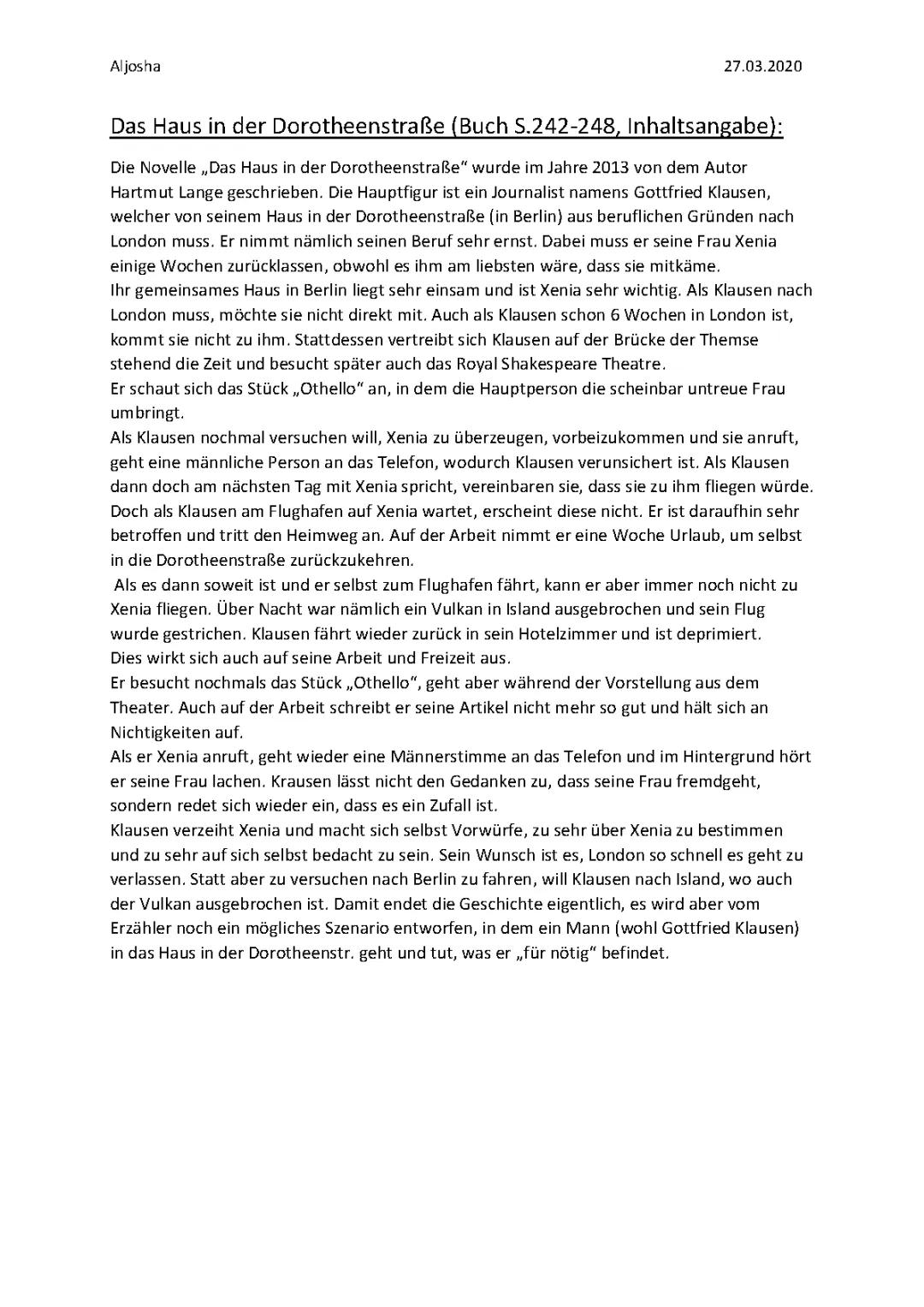 Das Haus in der Dorotheenstraße Text PDF, Analyse und Charakterisierung