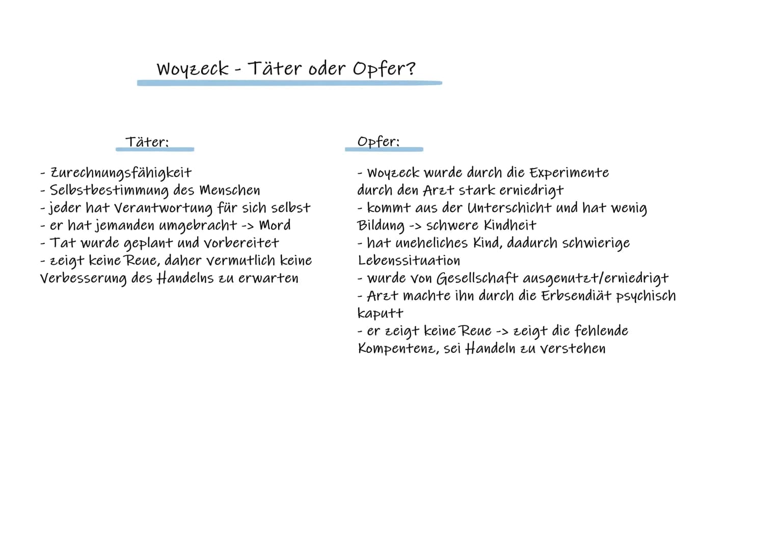 Woyzeck - Täter oder Opfer?
-
Täter:
- Zurechnungsfähigkeit
- Selbstbestimmung des Menschen
- jeder hat Verantwortung für sich selbst
er hat