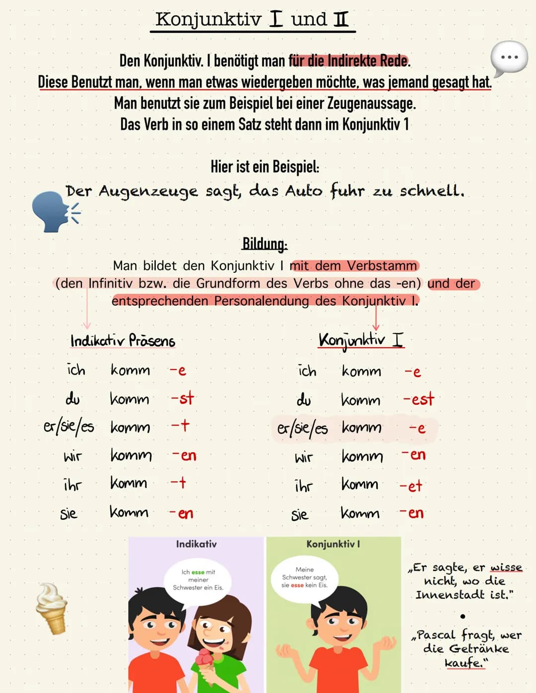 Konjunktiv I und II
Den Konjunktiv. I benötigt man für die Indirekte Rede.
Diese Benutzt man, wenn man etwas wiedergeben möchte, was jemand 