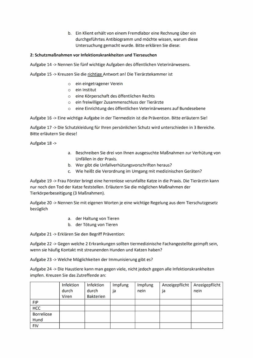 Zugelassene Hilfsmittel:
Zwischenprüfung
Gebührenordnung für Tierärzte
Taschenrechner
1: Durchführen von Hygienemaßnahmen
Aufgabe 1 -> Was v