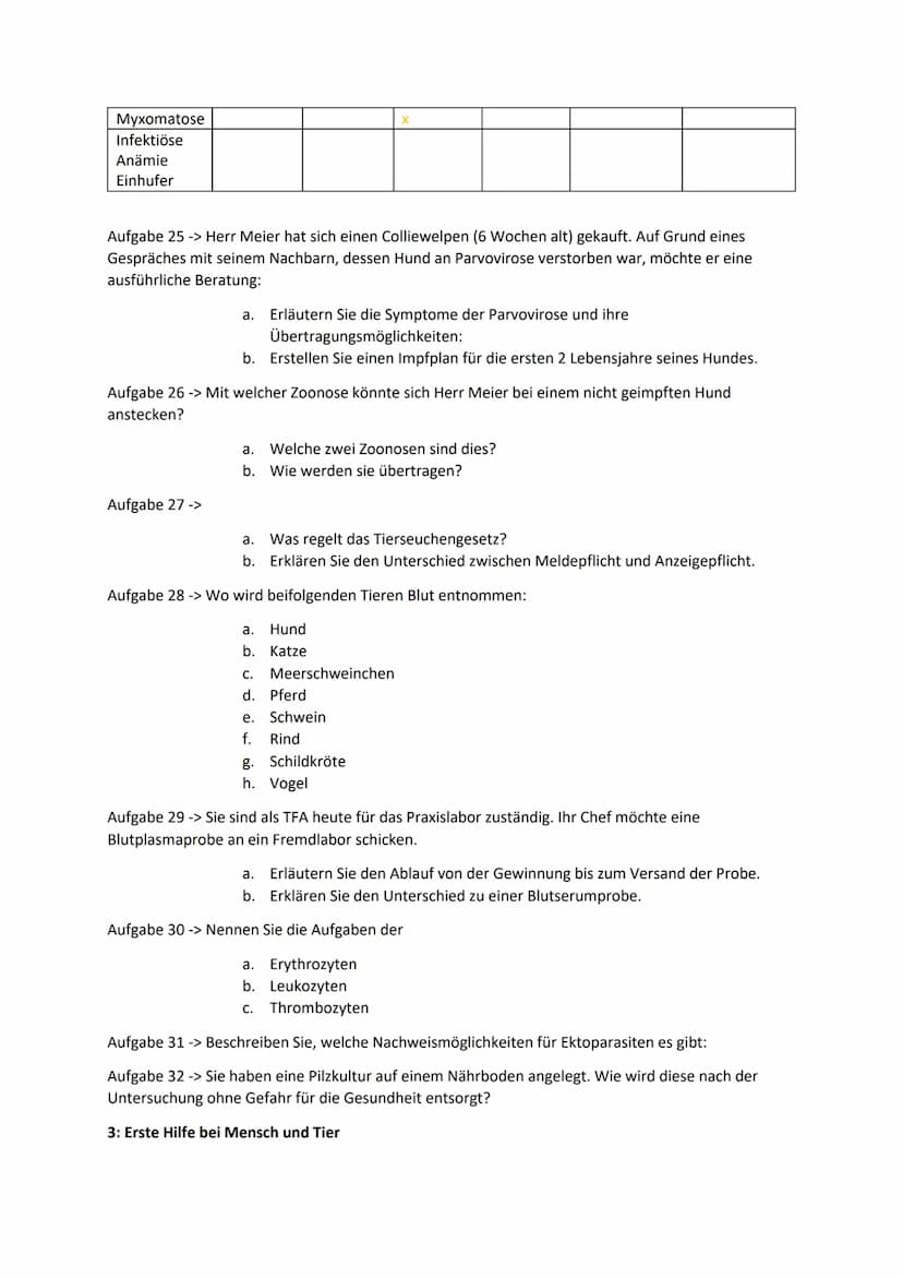 Zugelassene Hilfsmittel:
Zwischenprüfung
Gebührenordnung für Tierärzte
Taschenrechner
1: Durchführen von Hygienemaßnahmen
Aufgabe 1 -> Was v