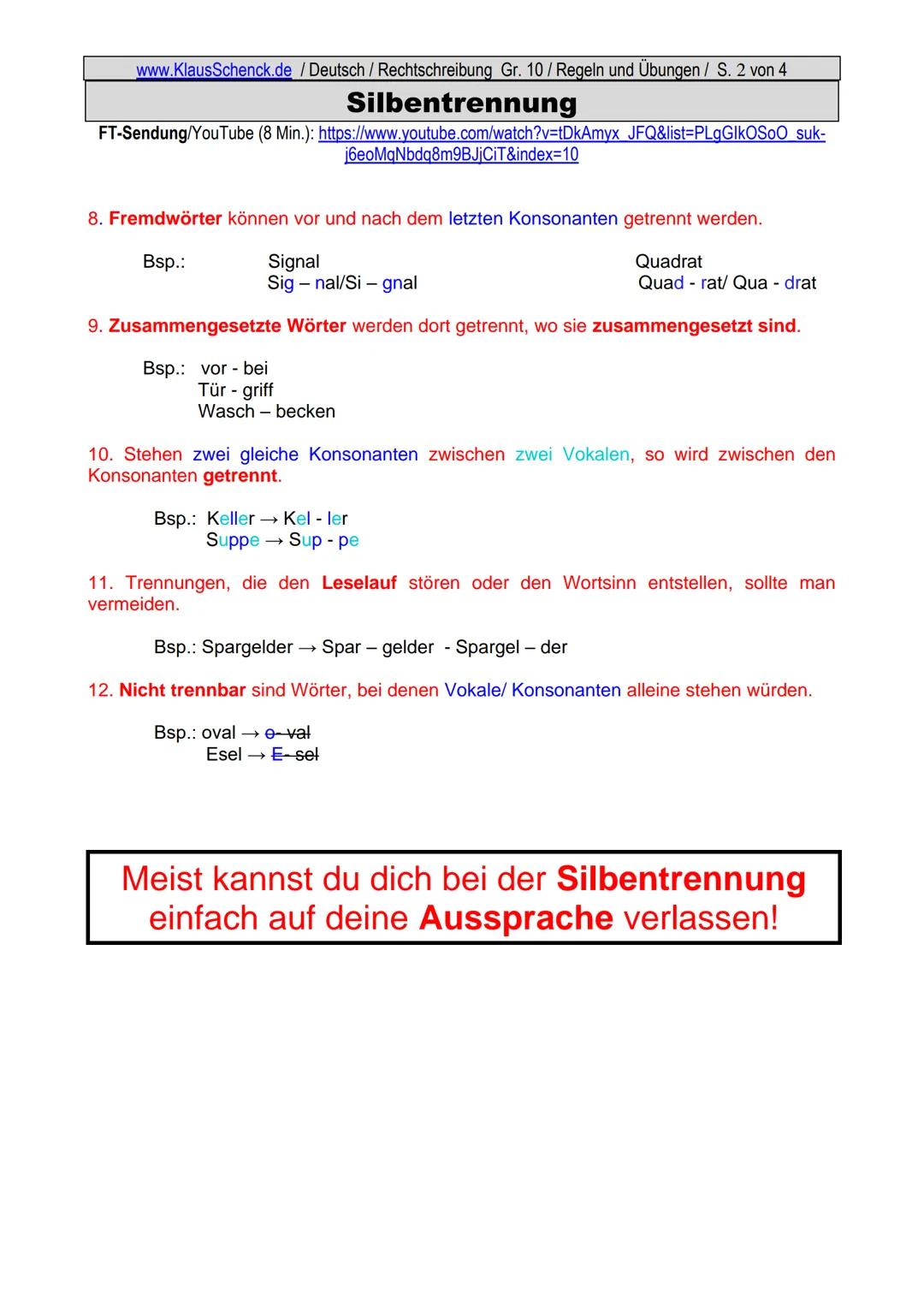 www.KlausSchenck.de / Deutsch (2008/09) / Rechtschreibung Gr. 1 / Regeln und Übungen / S. 1 von 11
s-Laute / Doppelungen / dass/das
FT-Sendu