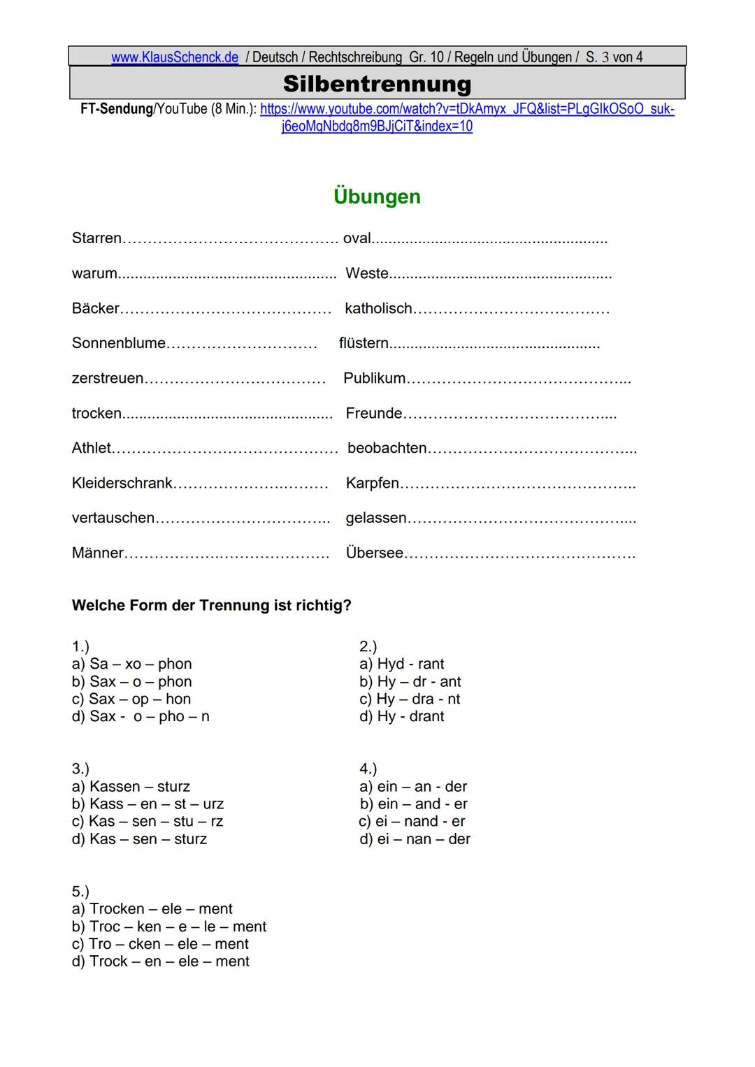 www.KlausSchenck.de / Deutsch (2008/09) / Rechtschreibung Gr. 1 / Regeln und Übungen / S. 1 von 11
s-Laute / Doppelungen / dass/das
FT-Sendu