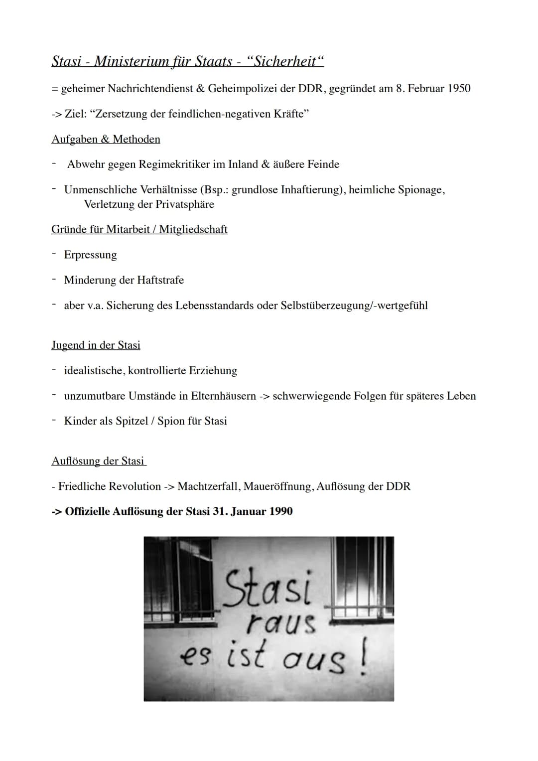 Stasi - Ministerium für Staats - “Sicherheit“
= geheimer Nachrichtendienst & Geheimpolizei der DDR, gegründet am 8. Februar 1950
-> Ziel: "Z