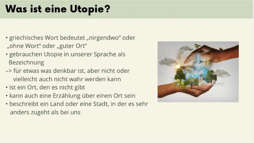 FUTURE
UTOPIA
DYSTOPIA
UTOPIA DYSTOPIA
Utopie/Distopie
Ayesha, Ataa, Tasmiha Utopie:
- Was ist Utopie?
- Arten der Utopie
-> Wissenschaftlic
