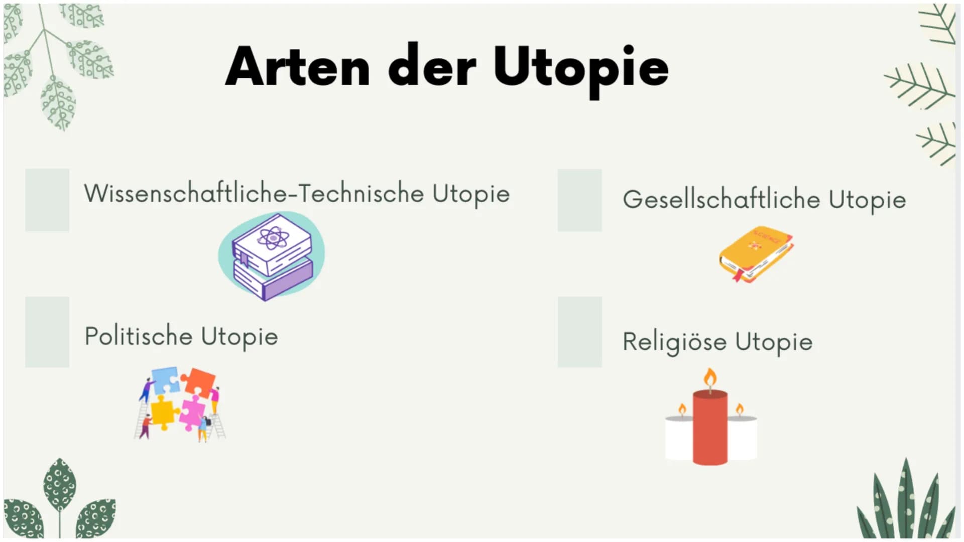 FUTURE
UTOPIA
DYSTOPIA
UTOPIA DYSTOPIA
Utopie/Distopie
Ayesha, Ataa, Tasmiha Utopie:
- Was ist Utopie?
- Arten der Utopie
-> Wissenschaftlic