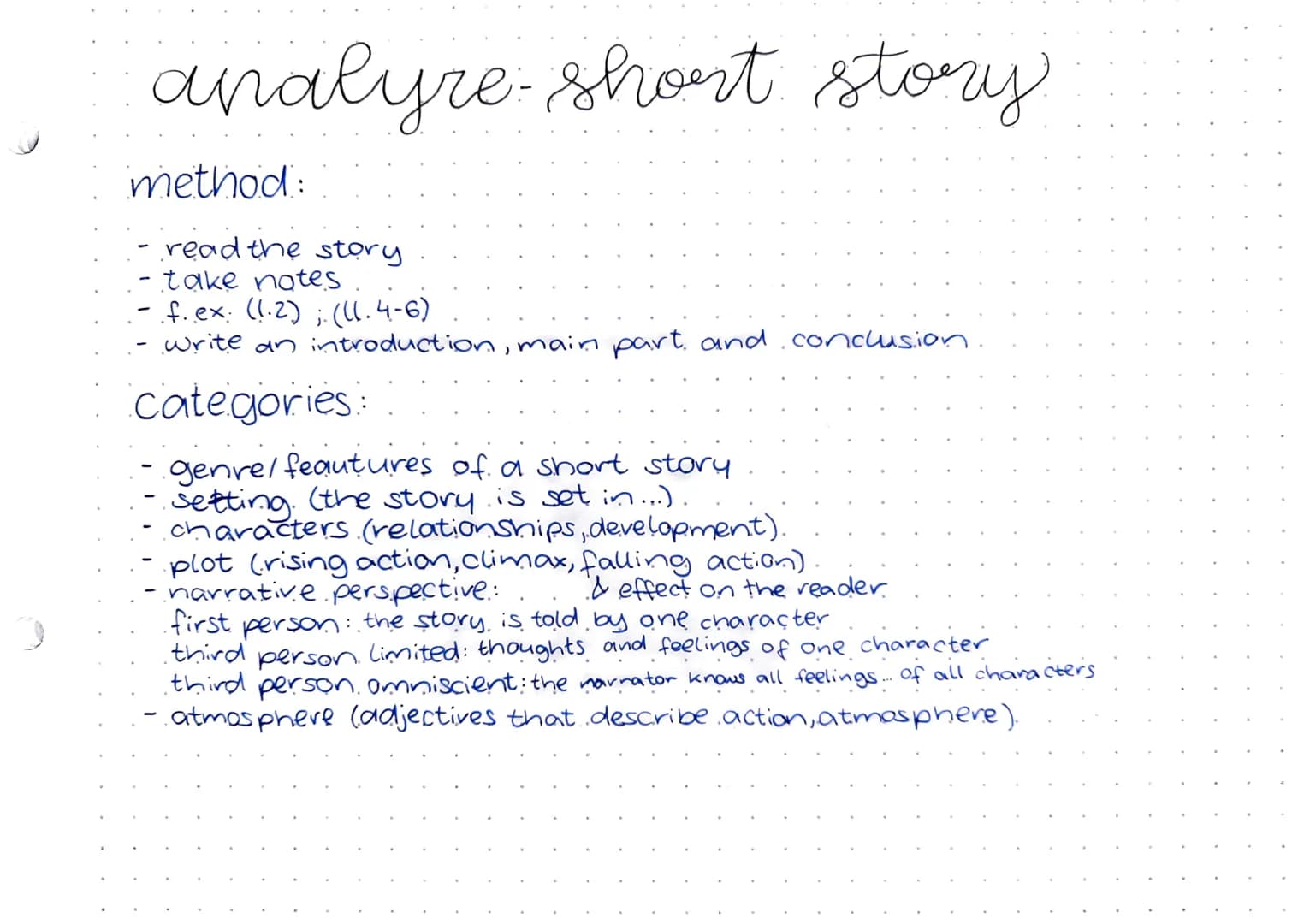 analyre short story
method:
read the story
take notes
- f.ex: (1.2); (11.4-6)
write an introduction, main part, and conclusion
categories:
g