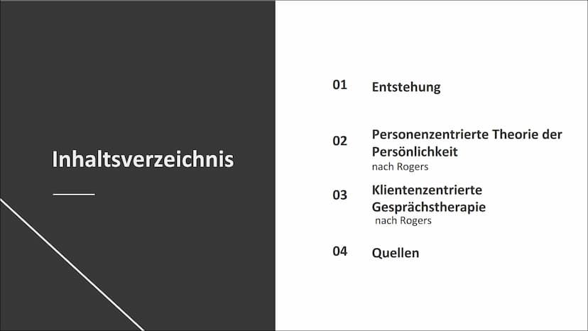 Humanistische
Psychologie Inhaltsverzeichnis
01
02
03
04
Entstehung
Personenzentrierte Theorie der
Persönlichkeit
nach Rogers
Klientenzentri