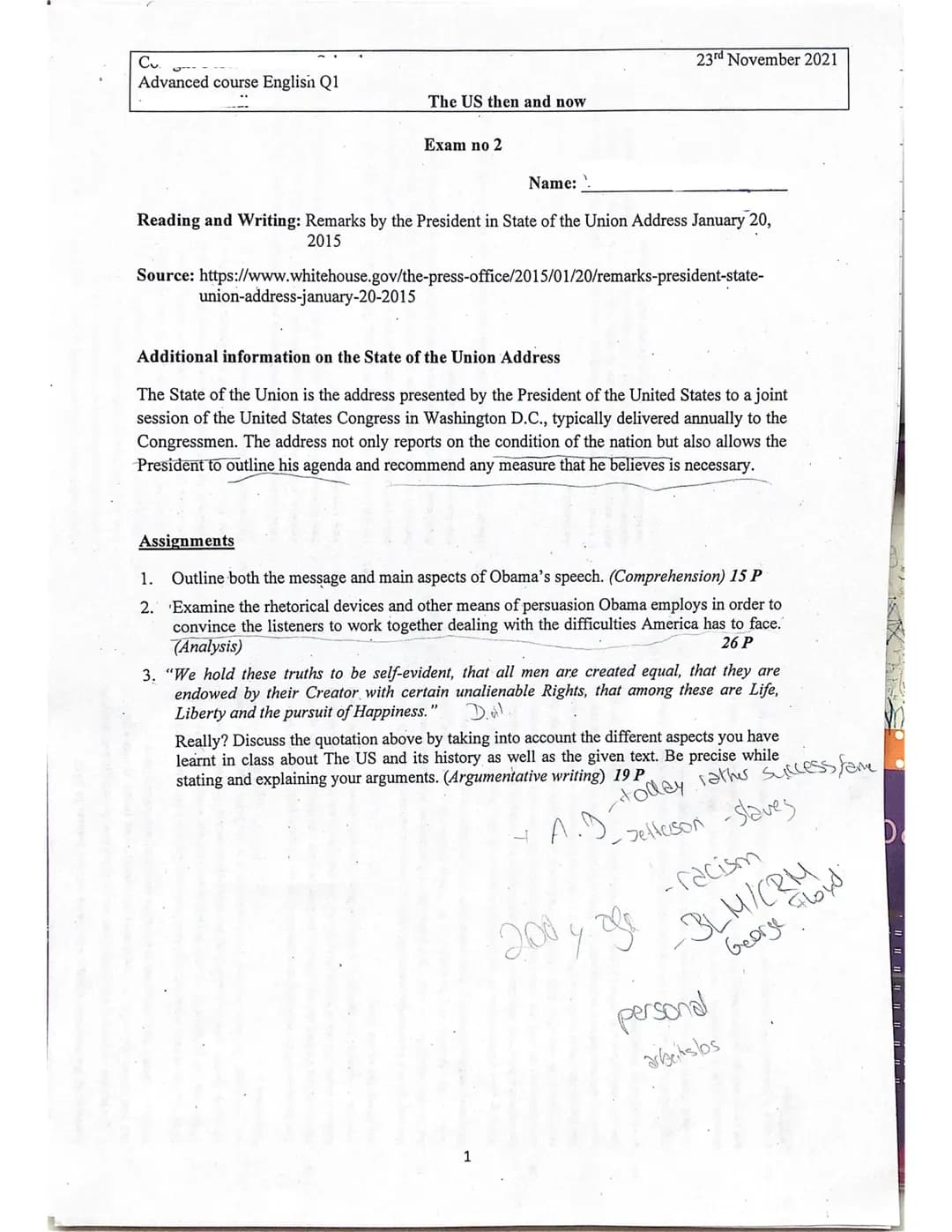 Cu
Advanced course English Q1
The US then and now
Exam no 2
union-address-january-20-2015
Name: '
Reading and Writing: Remarks by the Presid