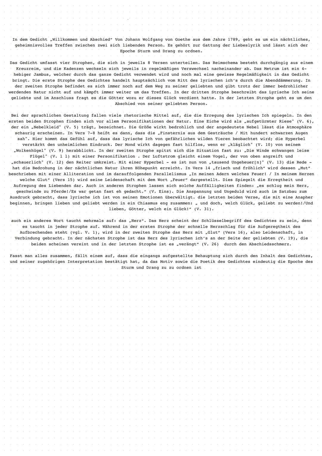 In dem Gedicht Willkommen und Abschied" Von Johann Wolfgang von Goethe aus dem Jahre 1789, geht es um ein nächtliches,
geheimnisvolles Treff