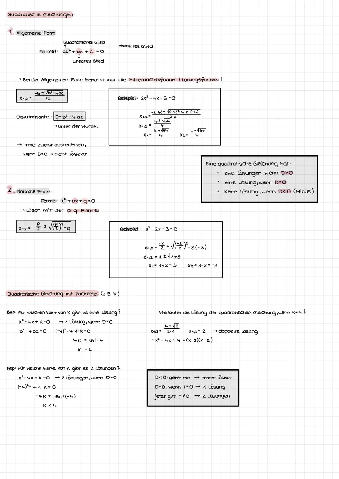 Gleichungen
x Gleichung 1. Grades (Lineare Gleichung) → Äquivalenzumformung (=nach x auflosen)
Gleichung 2. Grades (=Quadratische Gleichung)