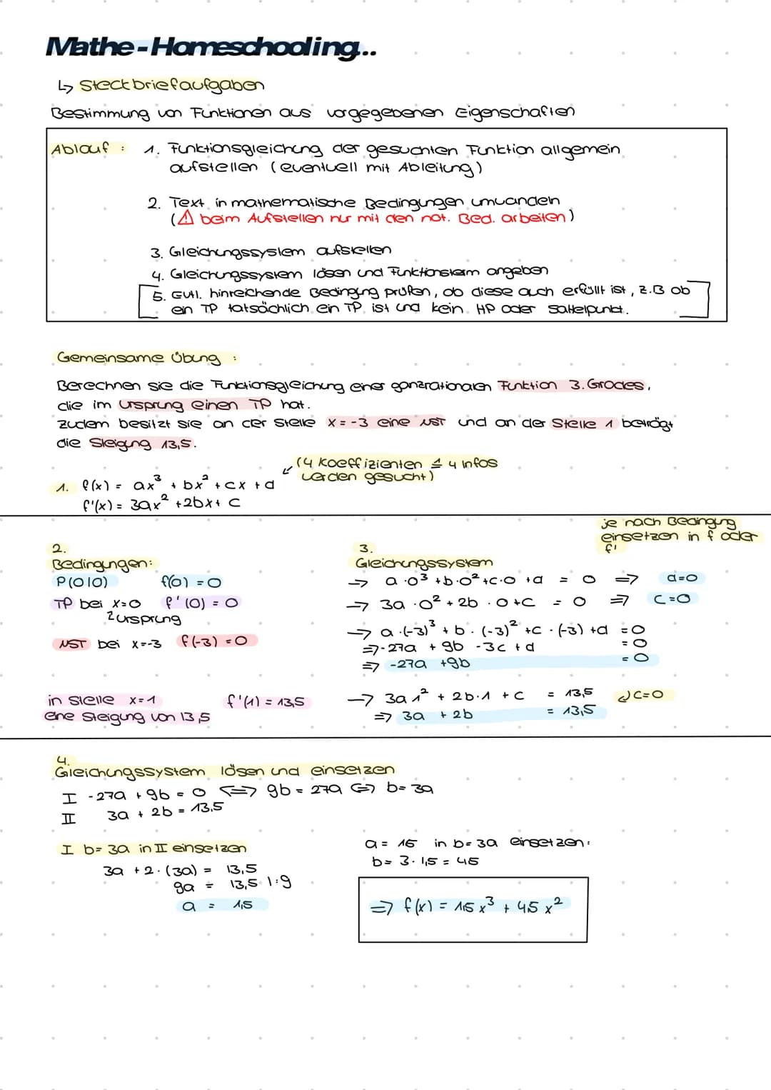 Mathe-Homeschooling...
↳ Stect briefaufgaben
Bestimmung von Funktionen aus vorgegebenen Eigenschaften
Ablauf:
1. Funktionsgleichung der gesu