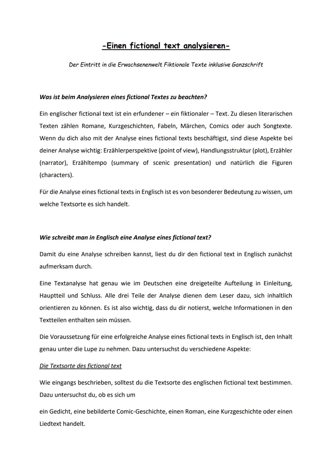 -Einen fictional text analysieren-
Der Eintritt in die Erwachsenenwelt Fiktionale Texte inklusive Ganzschrift
Was ist beim Analysieren eines