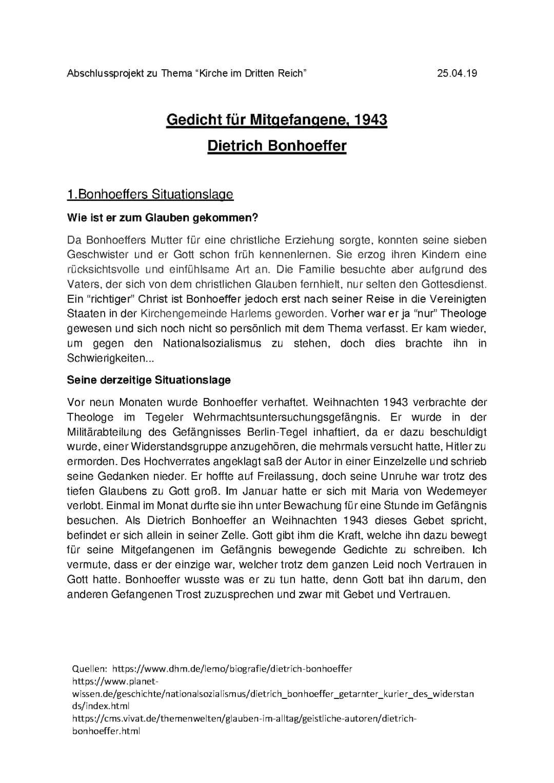 Gedicht für Mitgefangene, Dietrich Bonhoeffer 