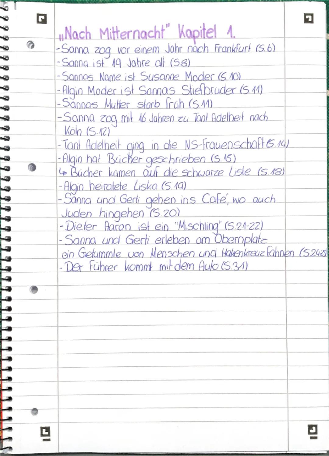 # „Nach Mitternacht" Kapitel 1.
-Sanna zog vor einem Jahr nach Frankfurt (5.6)
-Sanna ist 19 Jahre alt (58)
-Sannas Name ist Susanne Moder (